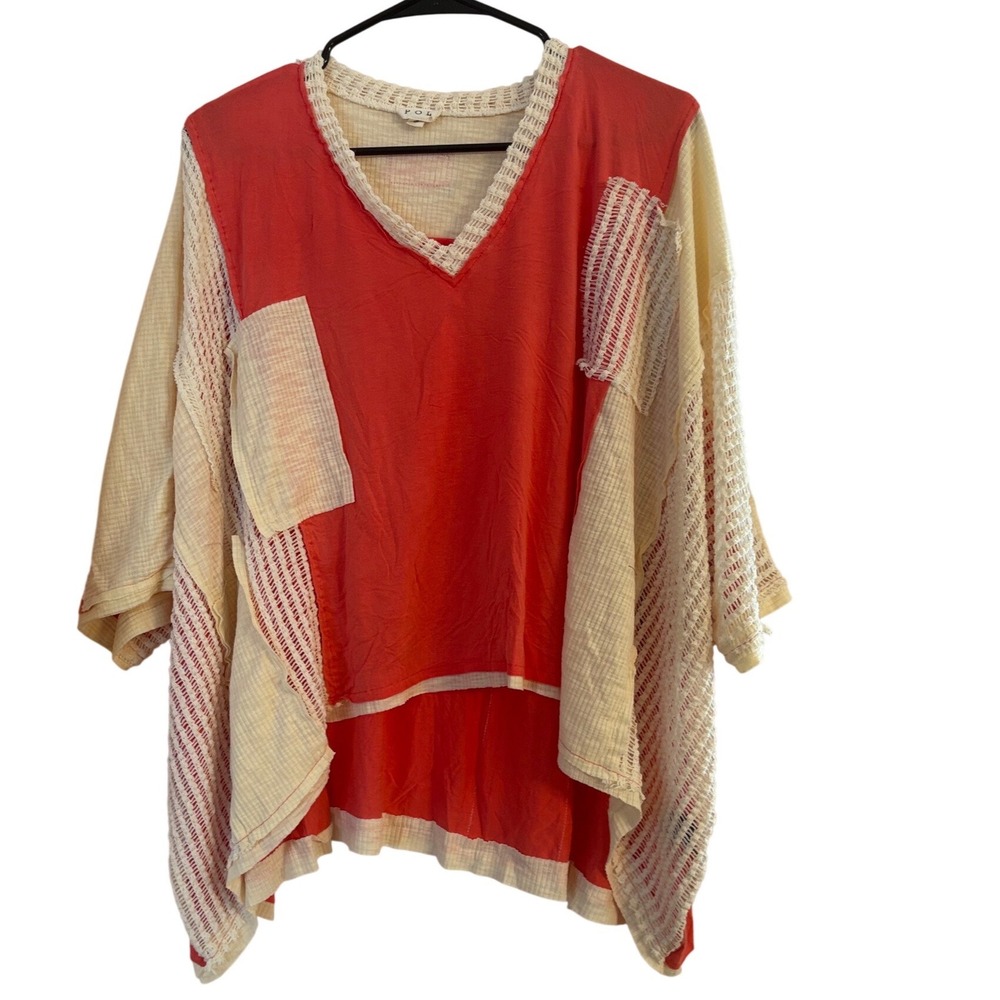 POL Clothing Coral‎ Cream Patchwork Oversized Boho V-Neck Top FKT887 Small - Picture 2 of 5